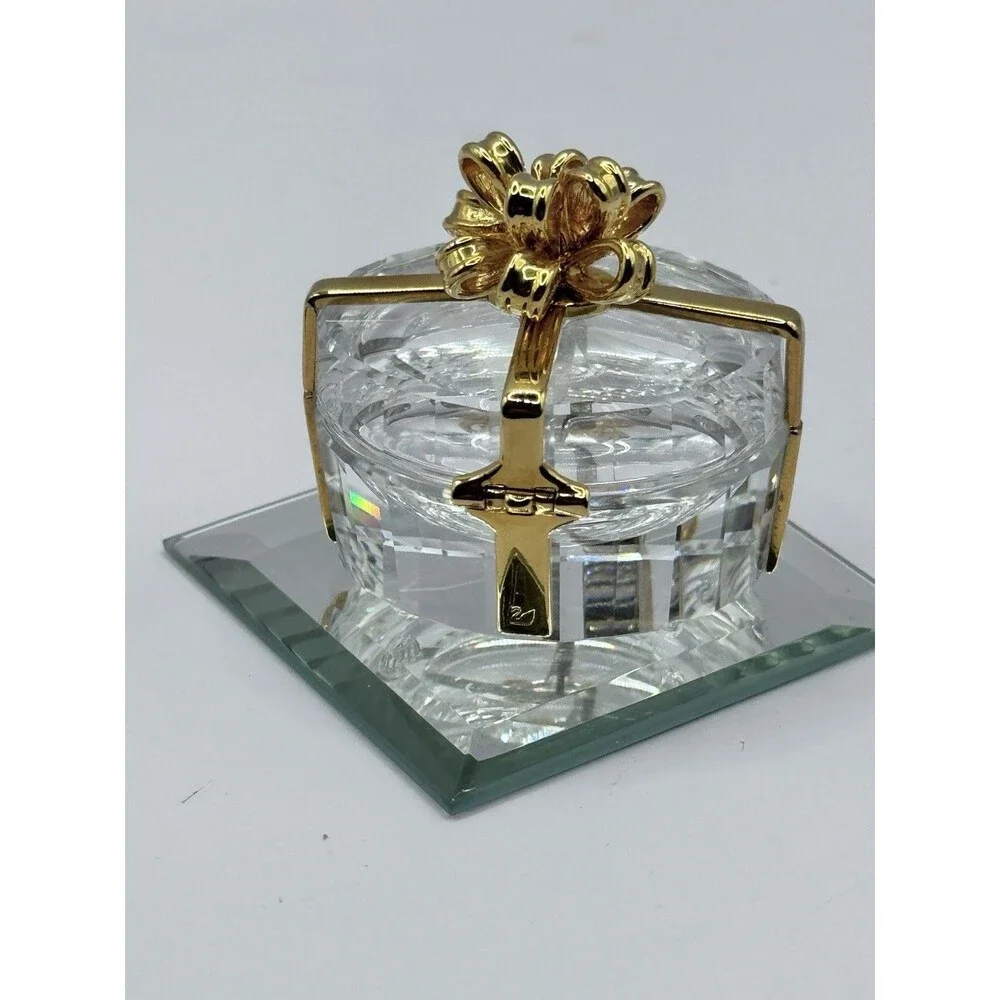 Glass Trinket Box Gold Bow Hinged Jewelry Holder Ring Box w Mirror
